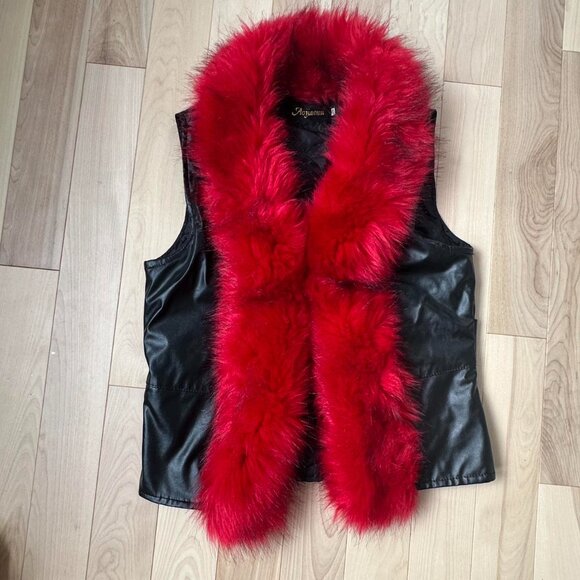 Vintage Faux Leather & Fur Vest – Black & Red - Picture 2 of 8